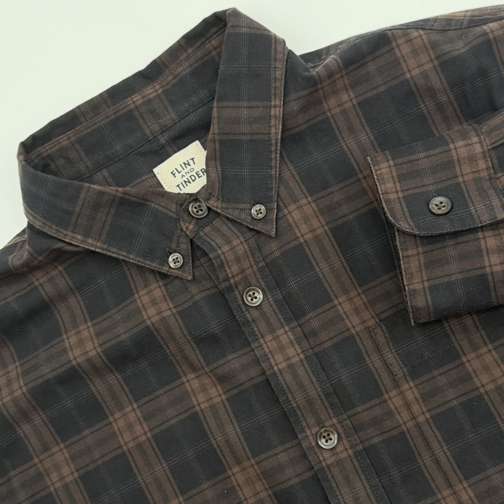 Flint and Tinder Mens XL Plaid Button Down Shirt Brown Black Long Sleeve Cotton